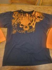 VTG Y2K Hot Leathers Flames Long Sleeve Shirt Faded Black X-Large Free Shipping 