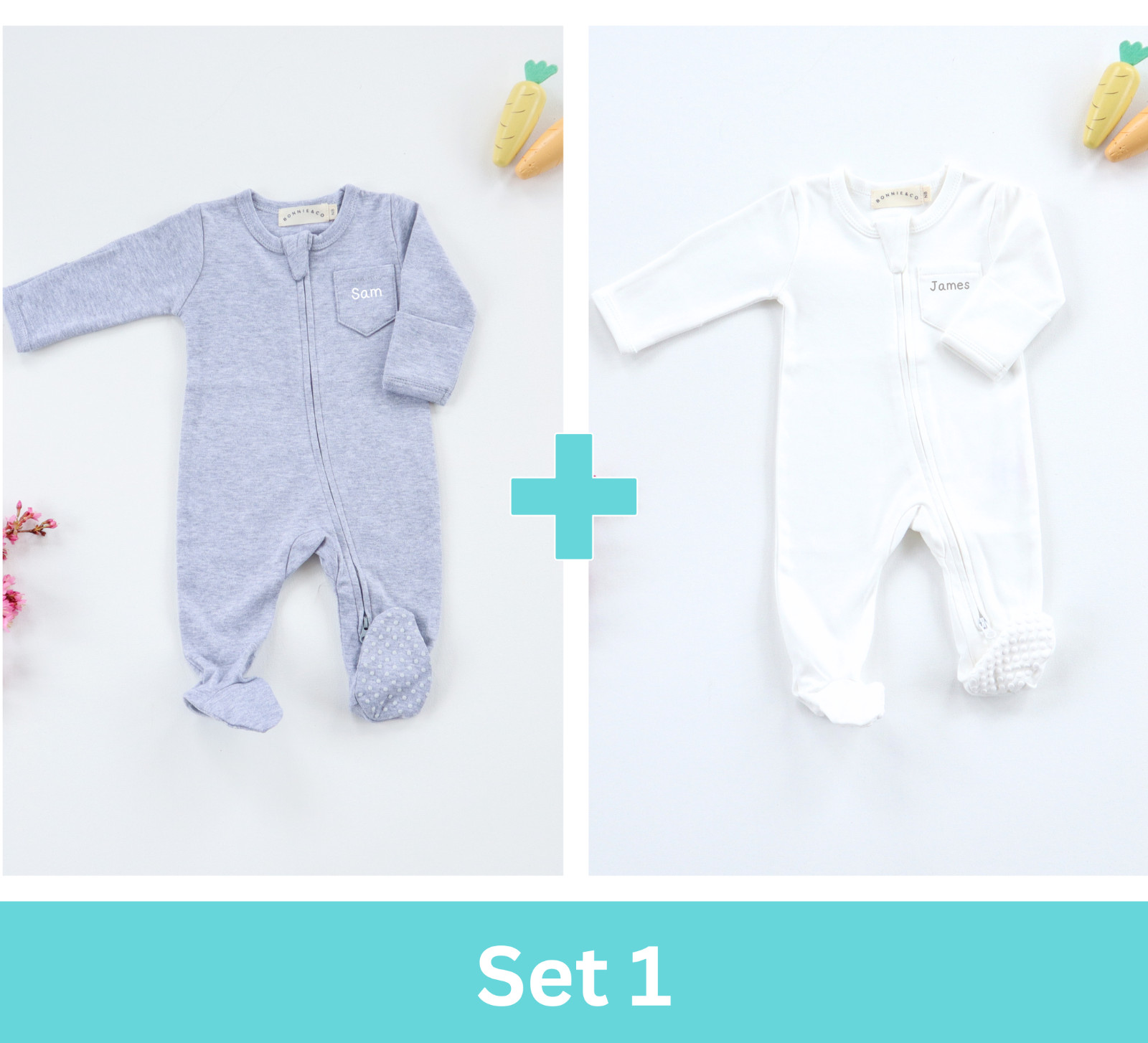 Organic cotton zip babygrow / sleepsuit sets - personalised (optional)