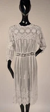 EDWARDIAN WHITE TEA DRESS W DENSE GEOMETRIC + FLORAL EMBROIDERY