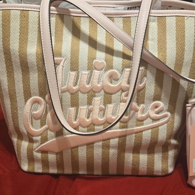 Juicy Couture Striped Tote Sandstone Pink with Detachable Pouch & Heart Charm
