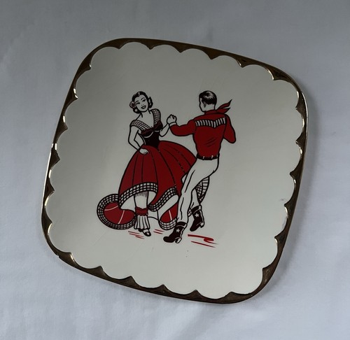 Vintage Hand Painted Ceramic Plate Folk Art Dancing Couple - 8" Square Gold Trim - Picture 2 of 6