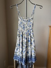 Angie Floral Boho Mini Dress Size M Blue Rayon Smocked Sundress
