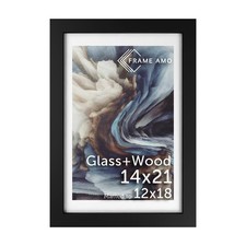 Frame Amo 14x21 Black Solid Wood Poster Frame, White Mat for 12x18 Image, Temper