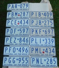 License Plate Number Plate  VIC  Second Letter Run PAR to PZG  25 plates