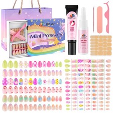 156 Pcs Press on Nail Kids Gift Box, 6 Pack French Flower Kid Flase Nails Kit...