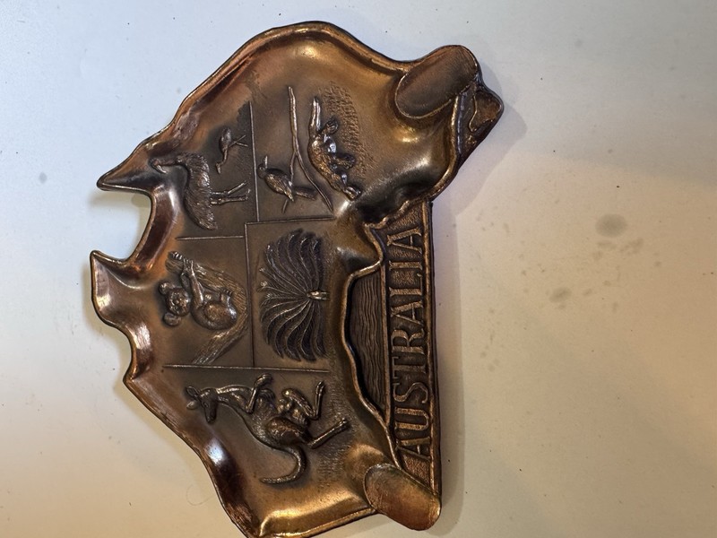 1960s Pressed Copper Australia Map Ashtray Kangaroo Koala Emu Embossed Vintage