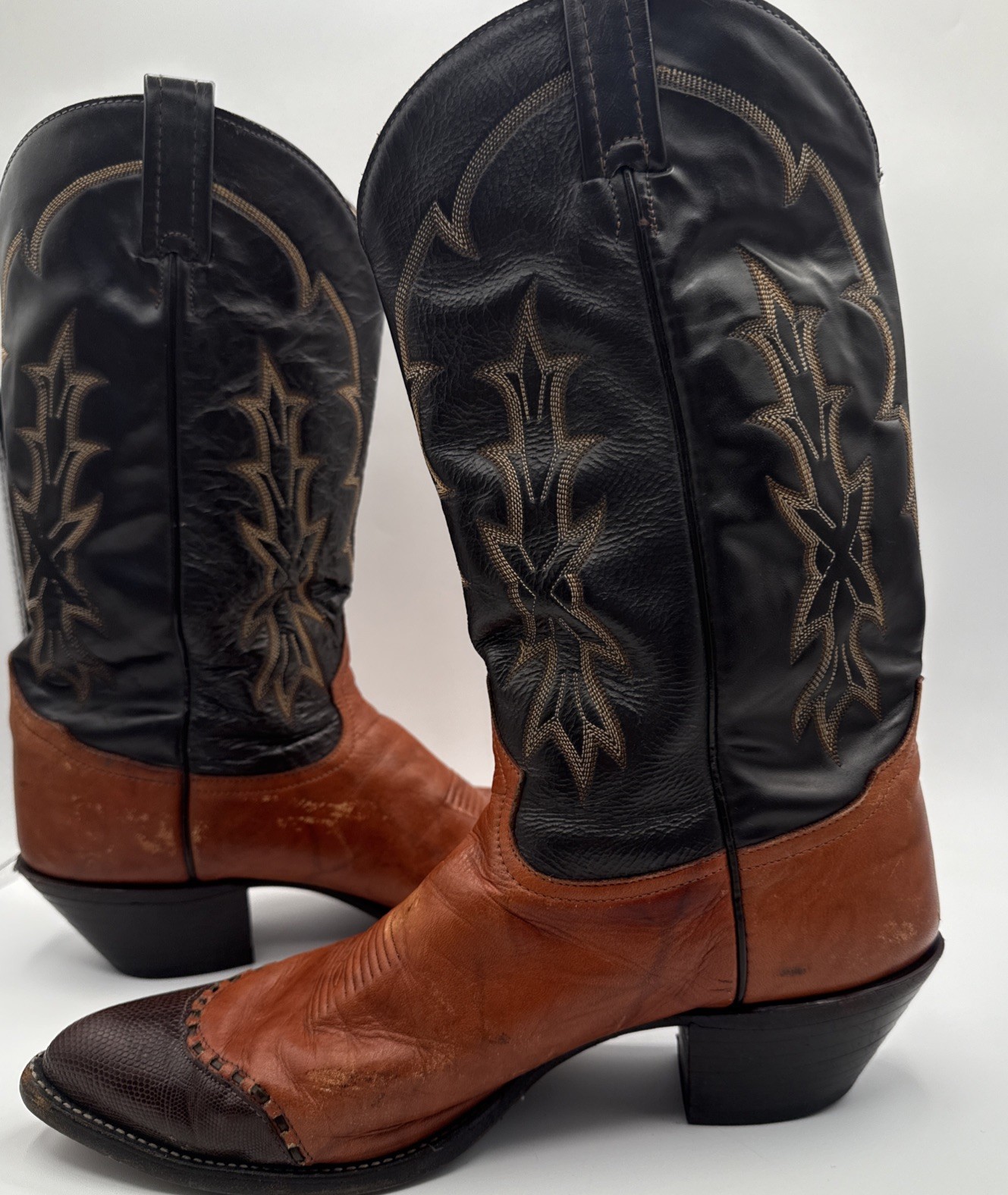 Vintage Men’s Tony Lama Cowboy Boots Two Tone Brown Lizard Wingtip Toe 11.5D USA