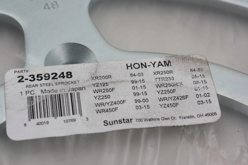 PIÑÓN TRASERO SUNSTAR ACERO 48T HONDA XR200R XR250R YAMAHA YZ250 YZ450F WR450F Foto 2 de 4
