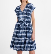 Blue and white tie dye sleeveless Gap dress with V neckline and belted waist