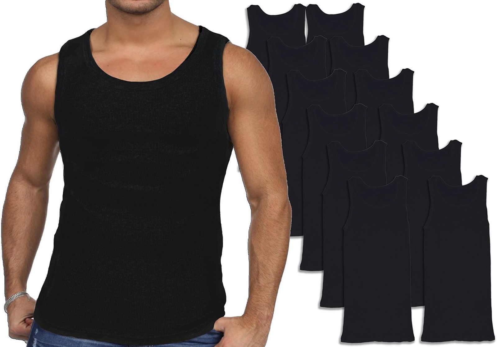 Men's Tank Top 3XL Andrew Scott Basics Big Man Rib Athletic Tank Black 12 Pack