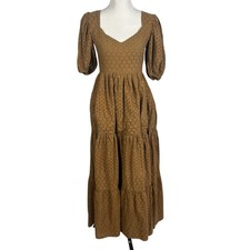 Mille Resort Maja Tiered Puff Sleeve Brown Eyelet Lace Boho Maxi Dress Size S