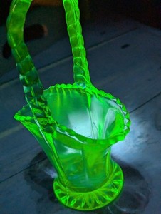 Vintage Vaseline Glass Basket Vase with Handle