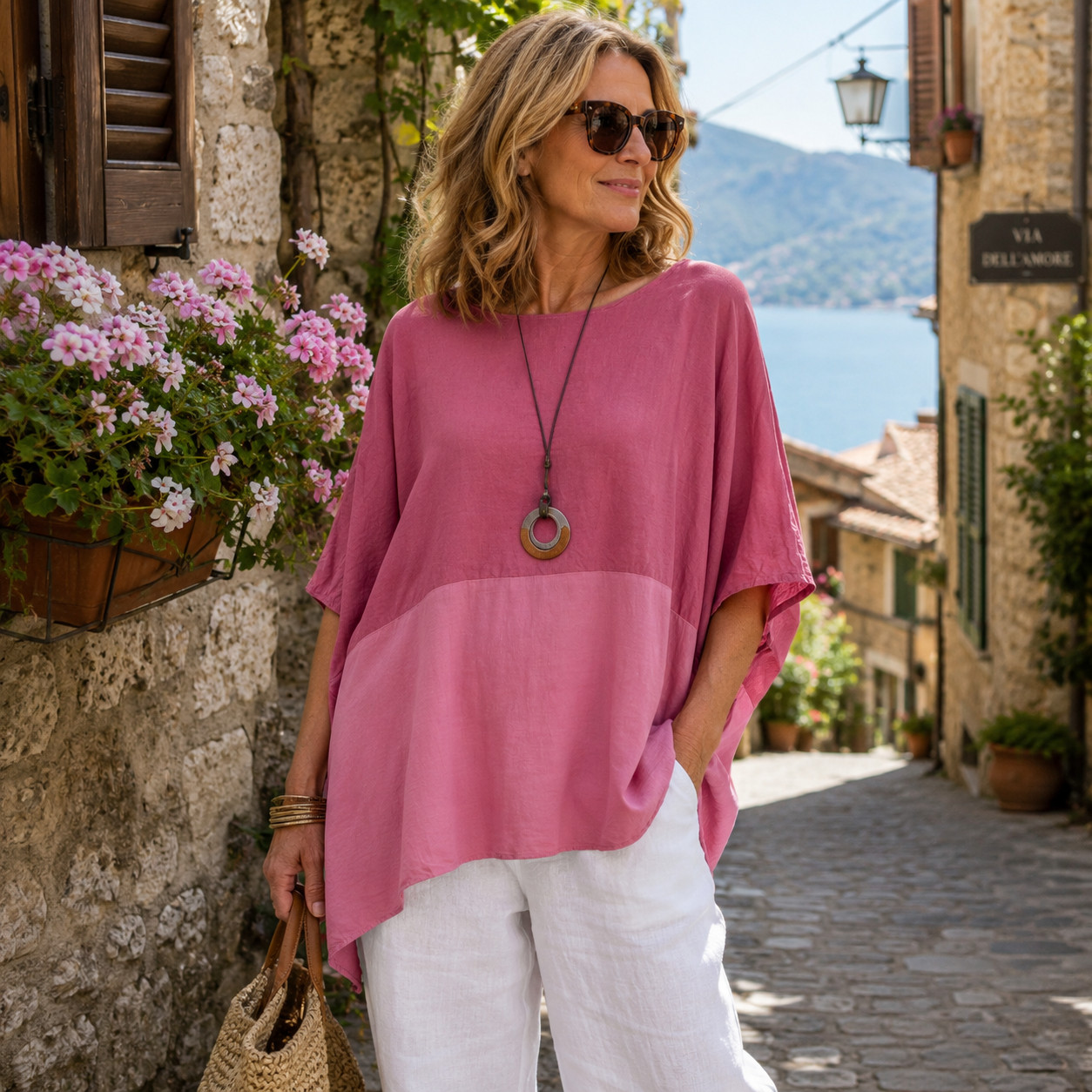 Italian Linen Blend Oversized Mixed Media Tunic Top One Size Pink Lagenlook Boho