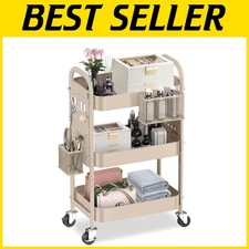 Khaki Rolling Cart with Pegboards, Baskets, Hooks