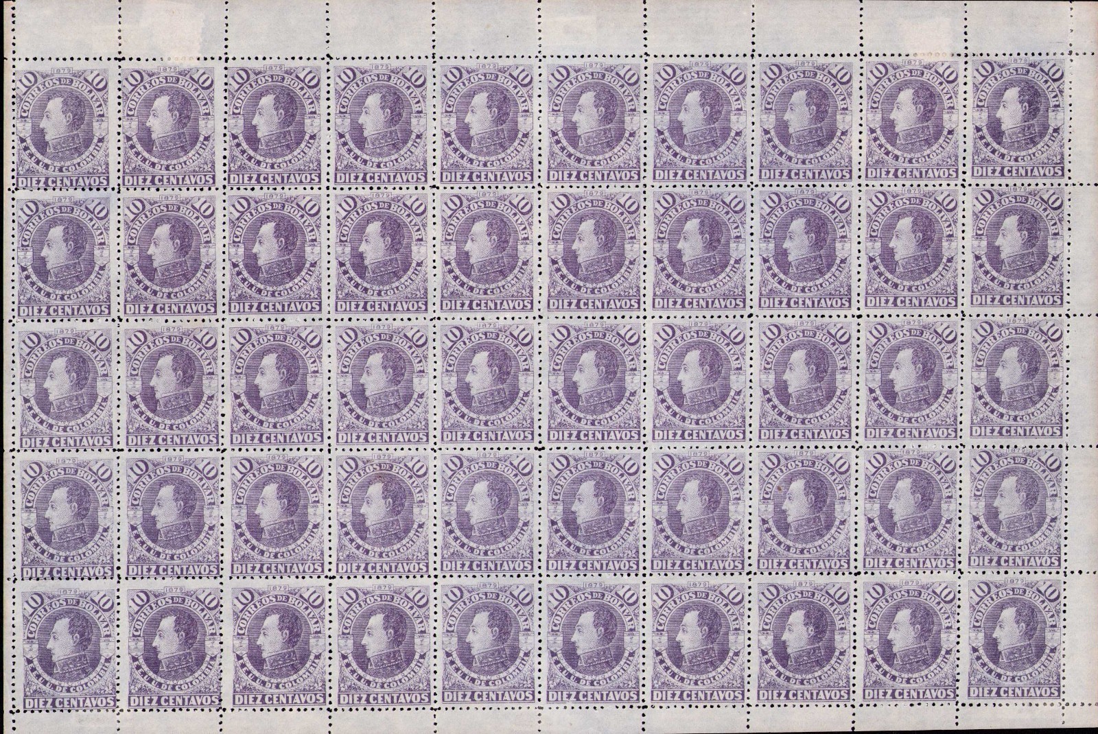 COLOMBIA - BOLIVAR - 10c SHEET - BLUISH PAPER - 1879 - Sc 16 - $ 170++ RRR