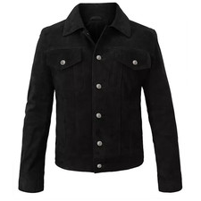 Chaqueta de camionero de cuero de gamuza real negra para hombre Abrigo de motociclista estilo vaquero occidental