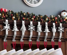 Christmas Stocking Holders Set of 8 - Mantle Hangers Fireplace Hooks Silver