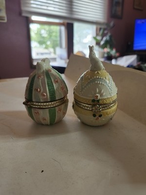These items Are Two  Ceramic Easter Egg Hinged Trinket Box with a Bunnie Rabbit
