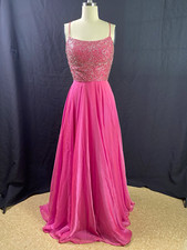 Sherri Hill Pink Beaded Bodice Chiffon Long Gown Open Back Square Neck Size 2