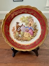 LIMOGES Fragonard Hand Painted Gold Trim Red French Courting Scene Plate 7in