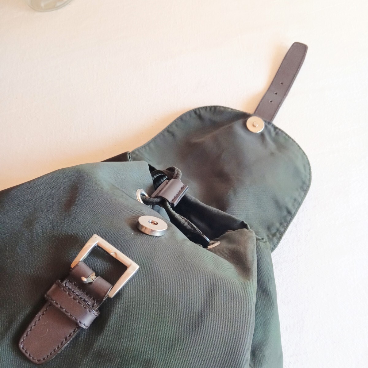 Good Condition PRADA Old Nylon Drawstring Backpack Lightweight Bag Olive Khaki G thumbnail 6
