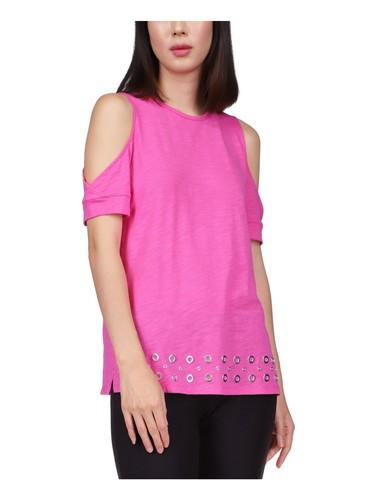 MICHAEL MICHAEL KORS Womens Pink Embellished Short Sleeve Crew Neck Top XS