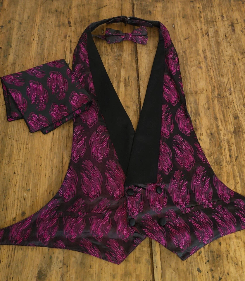Fuschia (Feather Brite)  Backless Vest w/ Pre Tied Bow Tie and Pocket Square - Image 2 of 4