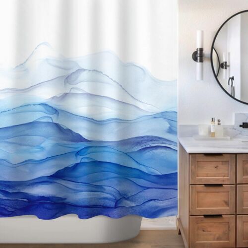 Ombre Blue Watercolor Textured Slubbed Fabric Shower Curtain, Abstract Ocean Wav - Picture 3 of 8