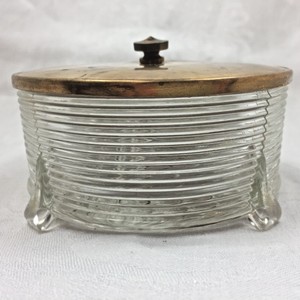Vintage Trinket Box Container Footed Pressed Glass Brass 