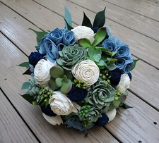 Dusty Blue Sage Navy Sola Wood Succulent Bridal Bouquet White Wedding Flowers