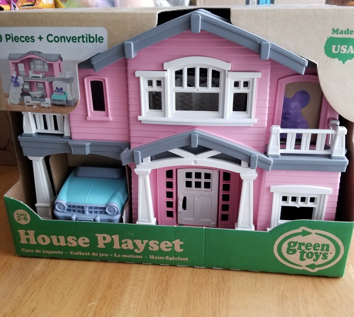 Green Toys Doll House PlaySet PINK 9 Pieces + Convertible, 2 mice