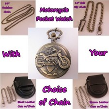 Motorcycle Biker Motorbike Pocket Watch w/31" Necklace Chain or 14" Belt Chain