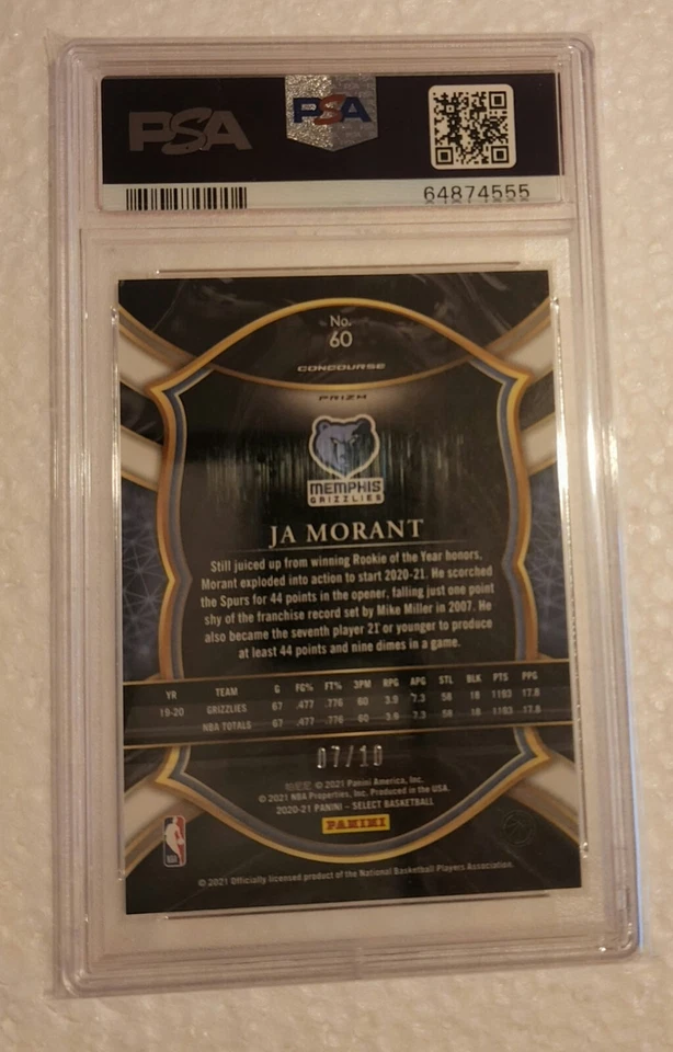 2020-21 Panini Select Ja Morant Gold Disco Prizm 7/10 PSA 10 Lucky #7 rare - Image 2 of 2