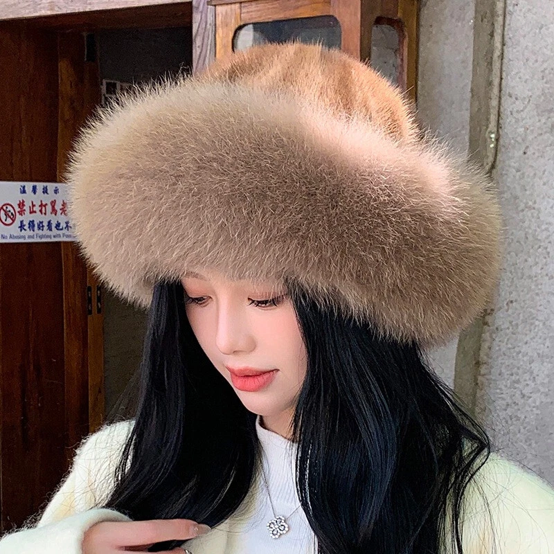 Women's Real Mink Fur Hat Bucket Hat Bowler Hat Warm Cap W Fox Fur