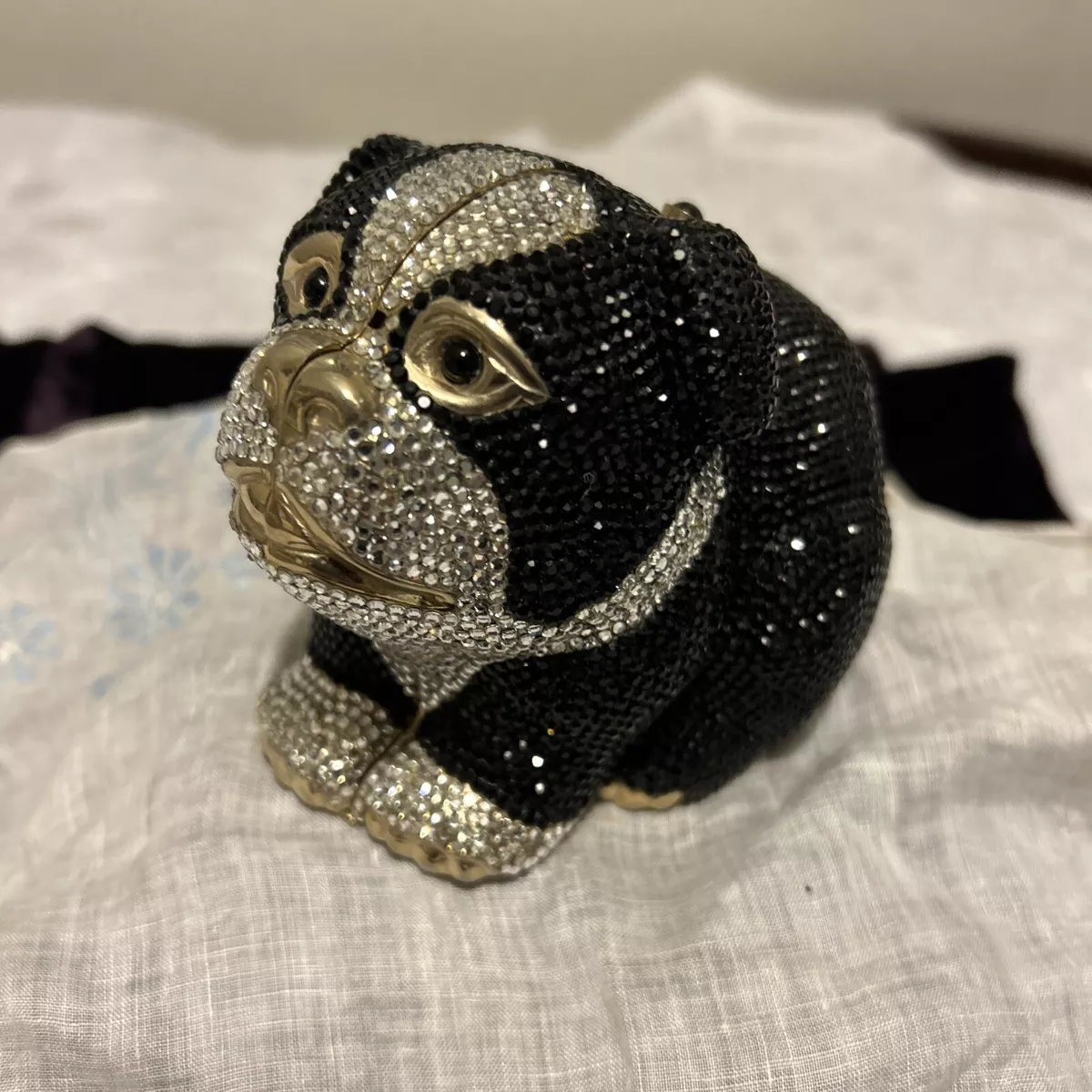 JUDITH LEIBER BULLDOG PUG BLACK WHITE GOLD DOG SWAROVSKI CRYSTAL MINAUDIERE  BAG