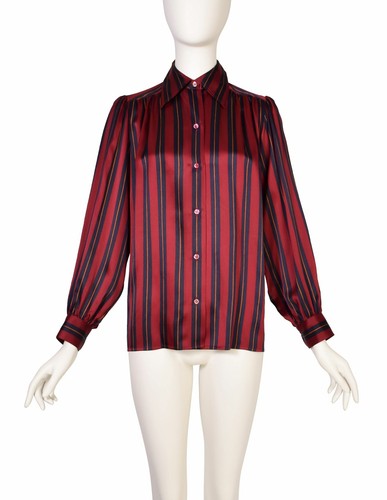 Yves Saint Laurent Vintage Maroon Navy Striped Silk Charmeuse Button Up  Shirt | eBay