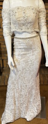 JVN Jovani White Lace Crystal Embellished 2 Piece Maxi Dress Set NWT $370 Size 0