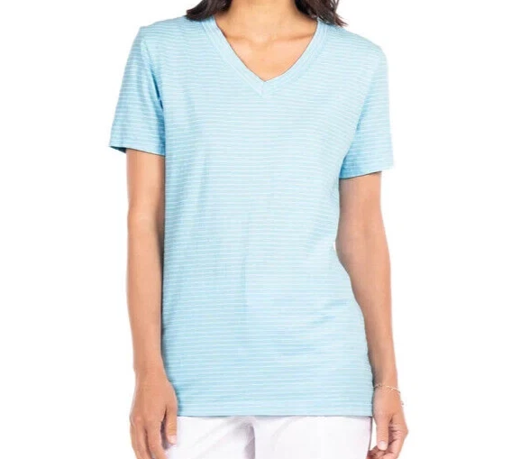 FRESH PRODUCE Medium Swimming Pool Blue PINSTRIPE $49 ALLURE Cotton V Tee NWT M