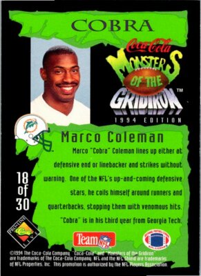 1994 Coca-Cola Monsters Of The Gridiron Card #18 Marco Coleman