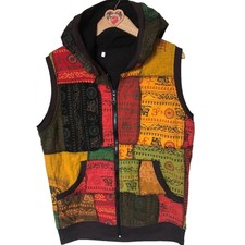 Patchwork Cotton Sanskrit-print Sleeveless Hooded Jacket Vest L Made In Thailand