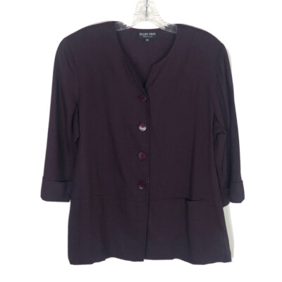 Ellen Figg Vintage 3/4 Sleeve Button Blouse Top Shoulder Pad Rayon Flax Size 14