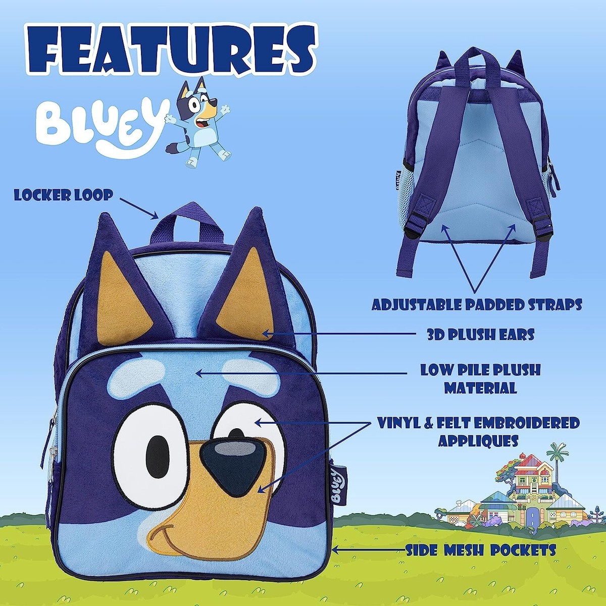 12'' BLUEY Backpack With 3D Plush Ears & Appliques Boys