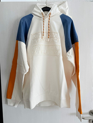 Napapijri - Hoodie Kapuzenpullover Herren - weiß blau orange Gr. M Logo Fleece