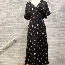 Ann Taylor Dress Sz 16 Black Floral Pattern Wrap Midi Wedding Cocktail New