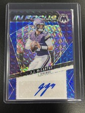 2025 Panini Mosaic J.J. McCarthy Blue Prizm In Focus Auto /99 SP #IFS-JMY Viking
