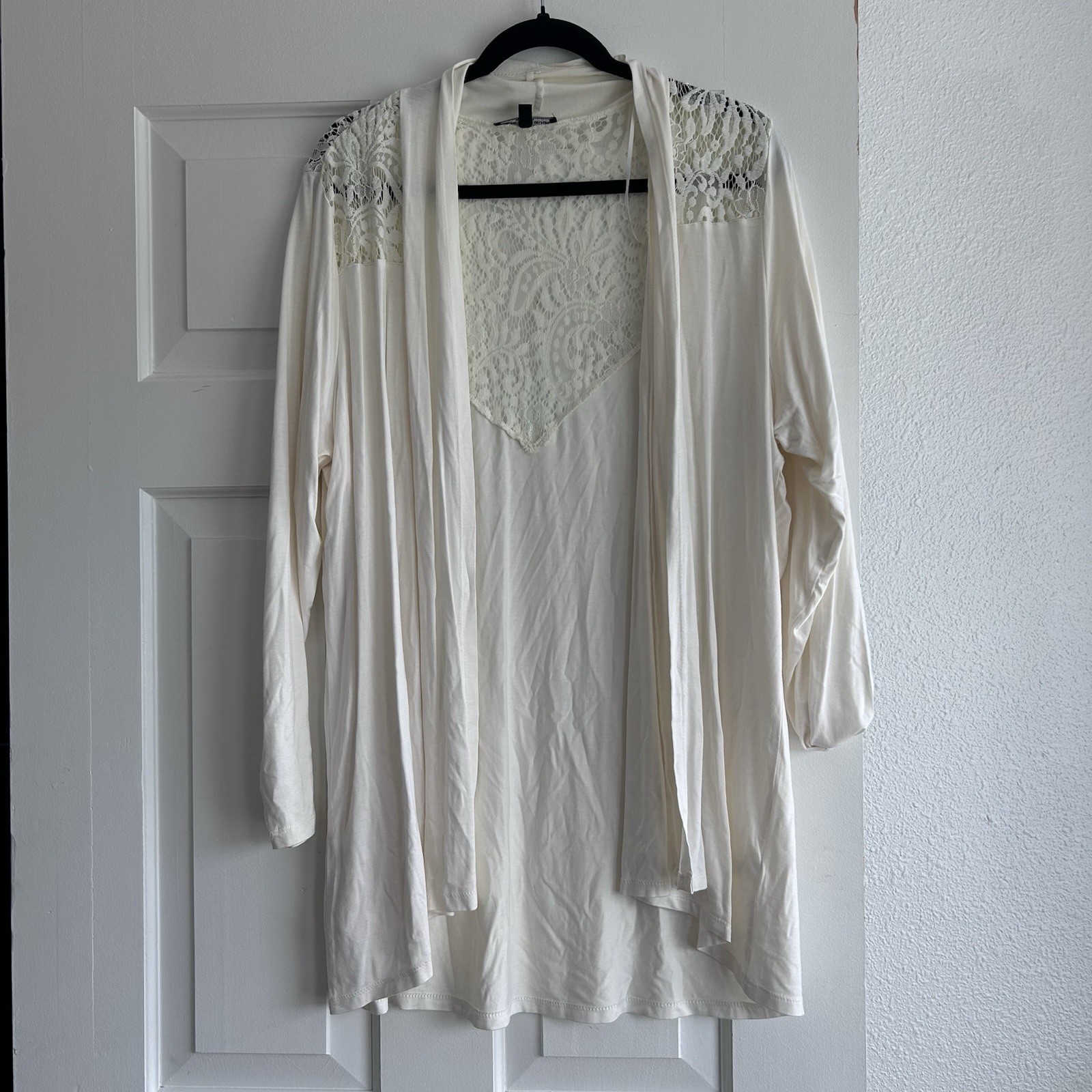 Cable And Guage Open Cardigan Cream Soft With Lace Crochet Detail Women 1X Plus