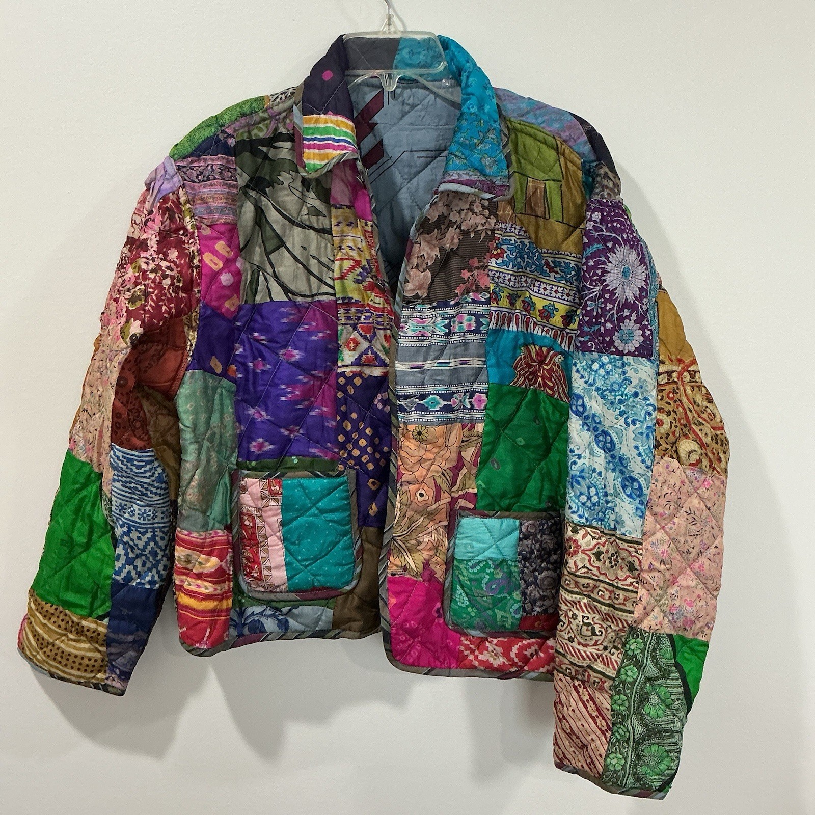 Reversible Patchwork Quilted Jacket Silk Sz XL Bo… - image 1