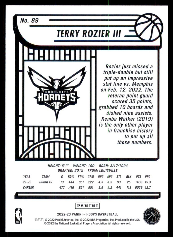 2022-23 Hoops Blue Terry Rozier Charlotte Hornets #89 | eBay