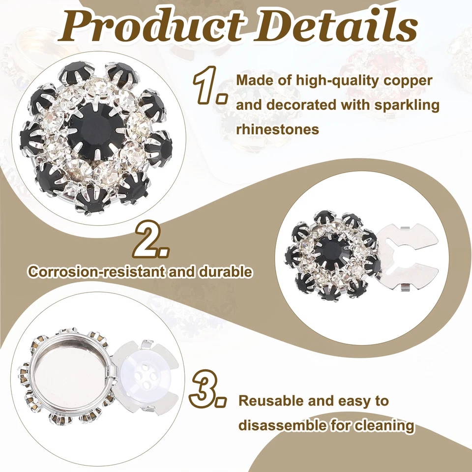 1 juego de fundas de botones con diamantes de imitación, botones de camisa desmontables, negro/plateado Foto 3 de 4