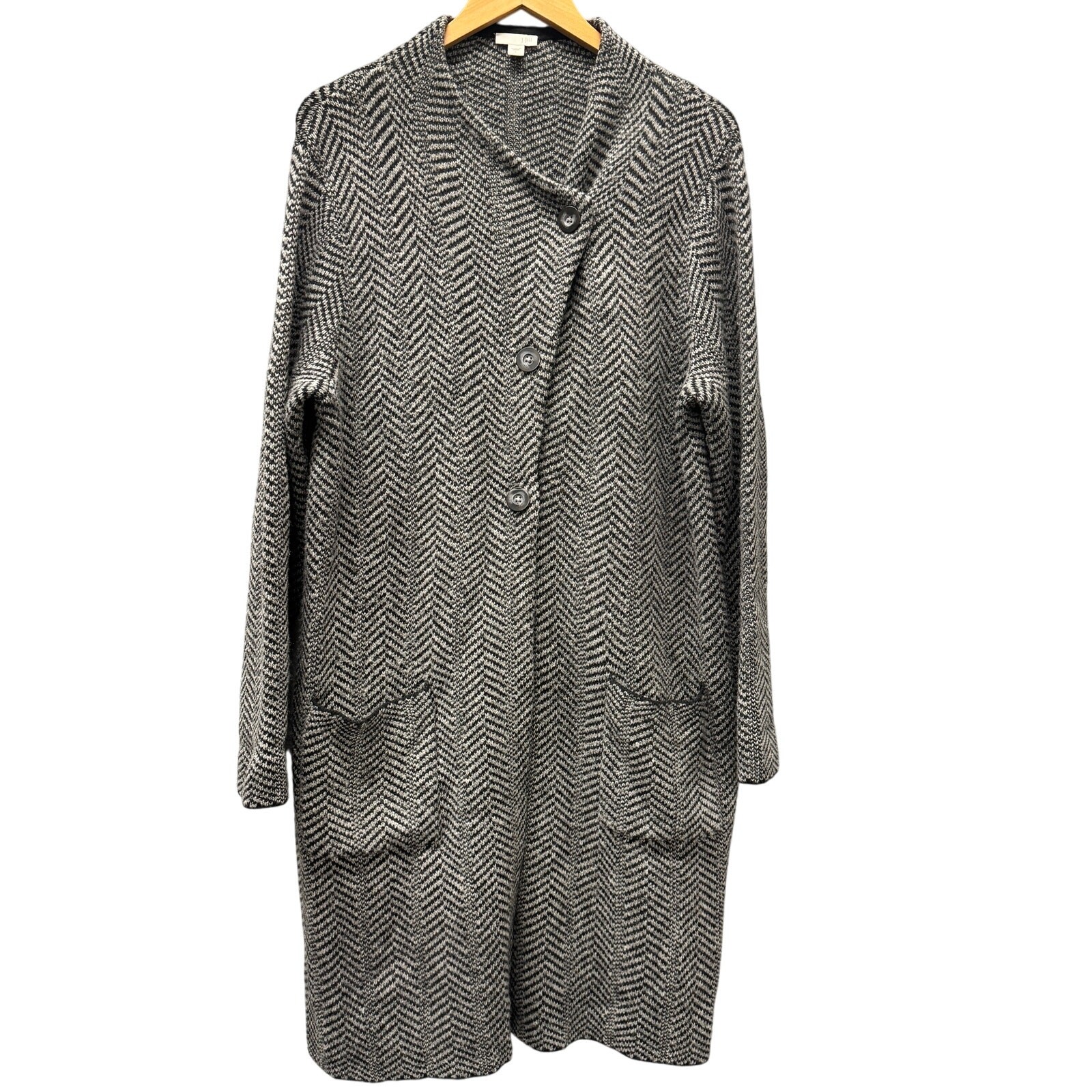 J Jill Sweater Womens Large Duster Cardigan Black Gray Herringbone Copley Topper